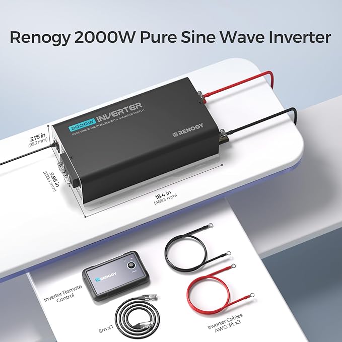 Renogy Inverter PUH 2000W Pure Sine Wave Power Inverter with UPS Transfer Switch &amp Bluetooth 12V DC to 120V AC Converter for RV Truck HomeCamping - 4000W Surge Power Remote Monitoring