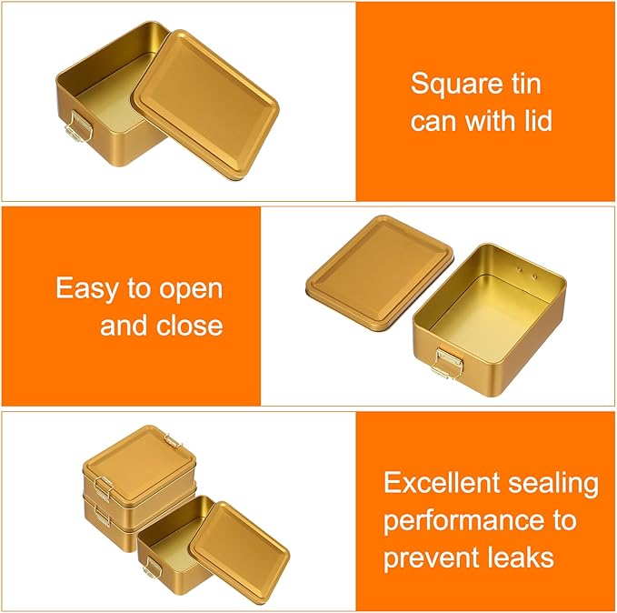 uxcell 2Pcs Metal Tinplate Box with Lids 5.7x4.3x2.2 Empty Rectangular Tin Box Container with Clasp for Home Office Travel Organizer Gifts Cookies Pencil Case Craft Gold