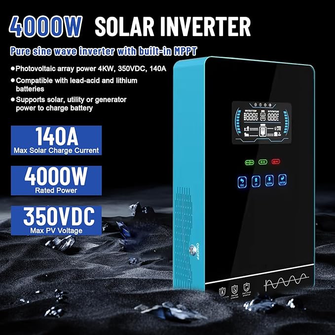 POWLAND 4000W Hybrid Solar Inverter | 24V DC to 120V AC Pure Sine Wave | LCD Display with Glass Top | 140A MPPT Charge Controller | Battery-Less &amp Lithium/AGM Battery Compatible