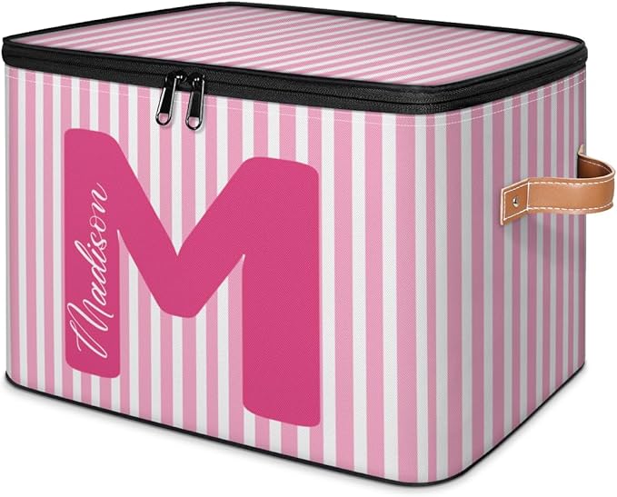 Custom Memory Storage-Bin for Kids Personalized Stripe Keepsake Storage Basket with Handle Lid Large CapacityFolable Fabric Box Decorative for Family