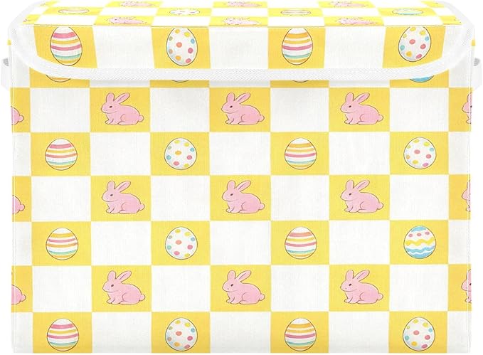 Storage Bins With Lid Stackable Fabric Closet Organizer Clothing Storage Large Boxes For Closet Shelves Bedroom Checkered Yellow Easter Bunny Eggs