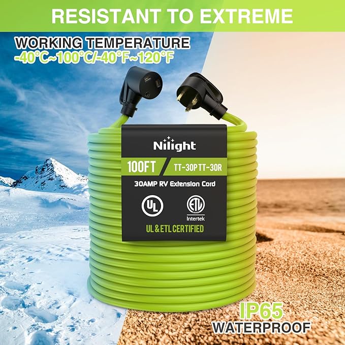 Nilight 100FT 30 Amp RV Extension Cord 125V Heavy Duty 10/3 Gauge Pure Copper STW Wire UL ETL Listed 3 Prong TT-30P TT-30R Weatherproof Suit for Camper Caravan Trailer Bright Green