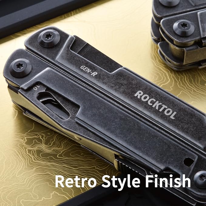 ROCKTOL Gen-R RB Multitool Pliers VG10 Blade 27-in-1 Multi-tool EDC Pocket Knife Retro Black Finish Precision Screwdriver Gut Hook for Hunting Backpacking Hiking Camping