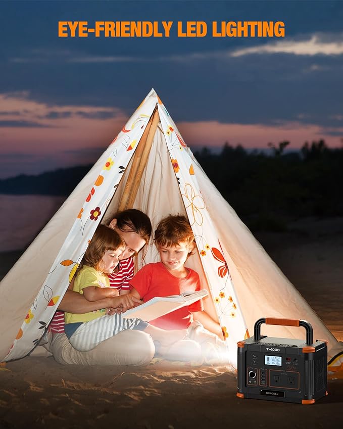 GRECELL 999Wh Solar Generator 1000W Portable Power Station with 60W USB-C PD Output 110V Pure Sine Wave AC Outlet Backup Lithium Battery for Outdoors Camping Travel Hunting Home (Peak 2000W)