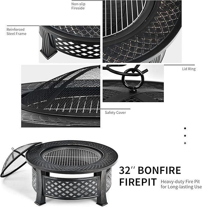 Giantex 3 in 1 Fire Pit 32 Outdoor Wood Burning Fire Pit Multifunctional Round Firepit Stove Metal Fire Bowl with Cover Portable Fire Pits for Outside Heating Bonfire Picnic Grill