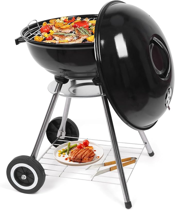 Outvita Charcoal Grill 18 inch Stainless Steel BBQ Charcoal with Wheels and Storage Holder for Camping Picnic Barbecue Party Outdoor Activities