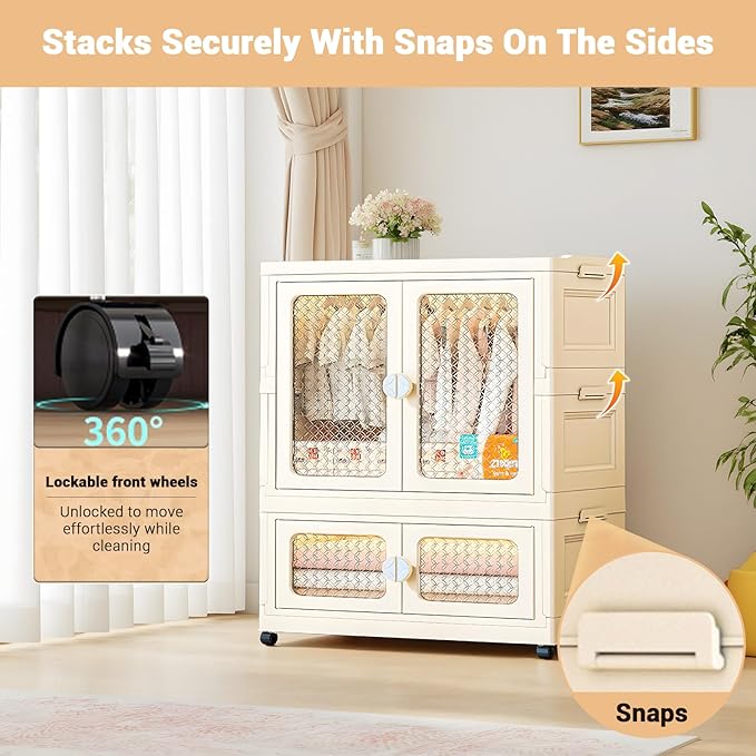 Stackable Storage Bins Plastic Collapsible Storage Containers with Doors Wheels And Hanging Rods 29.52 x 14.96 x 40.55 Large Lidded Closet Organizers Cabinet for Home OfficeWhite