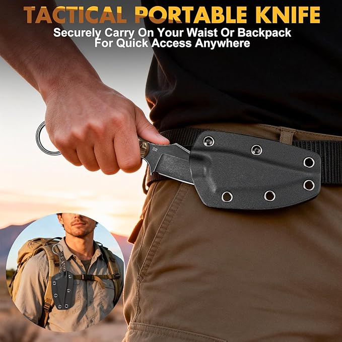 3.3 EDC Fixed Blade Knife Black Talon – D2 Steel Small Fixed Blade Knife with Sheath Finger Ring for Horizontal Carry Full Tang G10 Handle Compact Outdoor