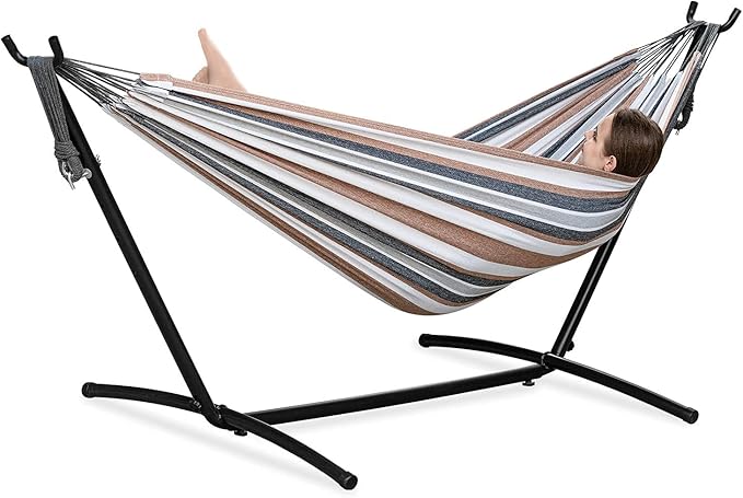PNAEUT Double Hammocks with Stand for Outside Portable Space Saving Heavy-Duty Steel Frame for Indoor Outdoor Patio Yard Easy Assembly 2 Person 450 lbs Capacity (Coffee)