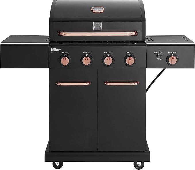 Kenmore 4-Burner BBQ Gas Grill with Searing Side Burner Propane Grill 52000 BTUs Warming Rack Electronic Ignition &amp Cast Iron Cooking Grates Black/Copper