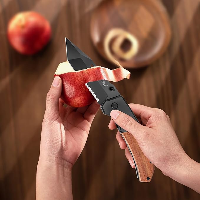 Vickay Pocket Knife Folding Knife with Clip - 3.54″ Black Serrated Steel Blade Wood Handle EDC Knife for Men &amp Women Outdoor Camping Tactical Hunting Hiking Survival - Father’s Day Gift