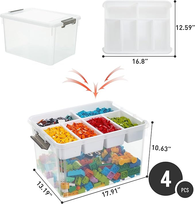 Citylife 32 QT Plastic Storage Bins with Removable Tray Large Stackable Storage Containers for Organizing Craft Storage and Storage Craft Clothes Files Office Supplies 4 Packs