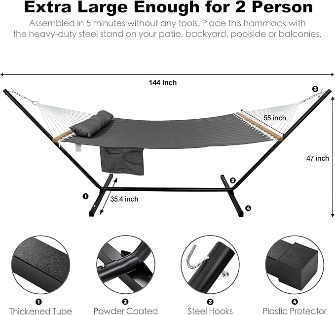 GAFETE 2 Person Hammock with Stand for Outside Heavy Duty Steel Stand 55inch Double Hammocks Large Removable Pillow Storage Bags Max 475 lbs Capacity (Haze Gray)