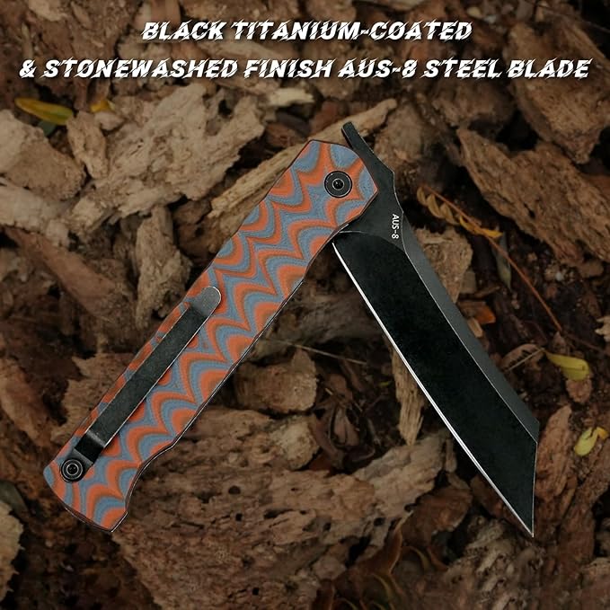 KATSU AUS-8 Steel Blade Folding KnifePocket Knife for Men G10 Handle Liner Lock Japanese Style Front Flipper EDC Knife with Clip Black Titanium Coated/Stonewashed finish