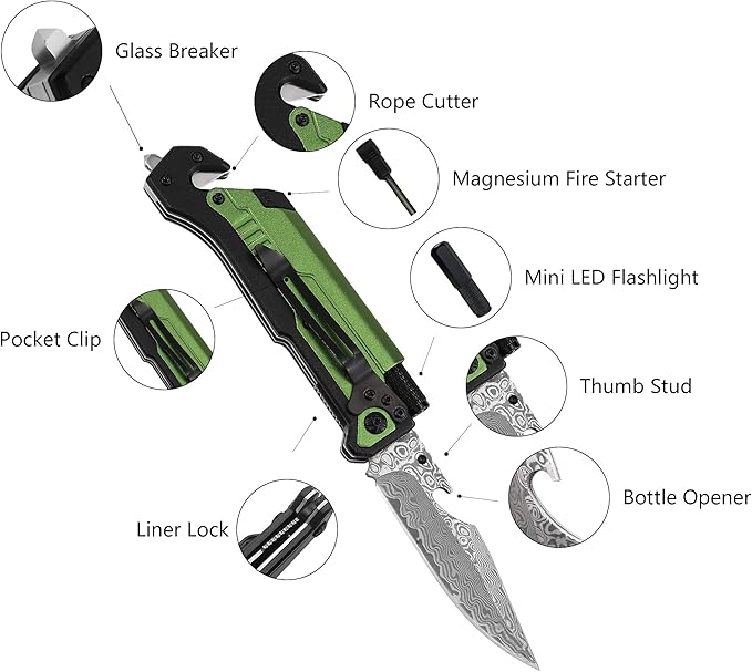 ALBATROSS 6-in-1 Modern Damascus Steel Folding Pocket Knives with LED LightSeatbelt CutterGlass BreakerMagnesium Fire StarterBottle OpenerMulti-Function Emergency Tool(Green-DA)