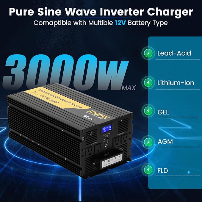New Upgrade 3000W Pure Sine Wave Inverter Charger Auto Transfer Switch Remote Control DC 12V to 120V AC with LCD Display Ideal for Off-Grid &amp Emergency Power