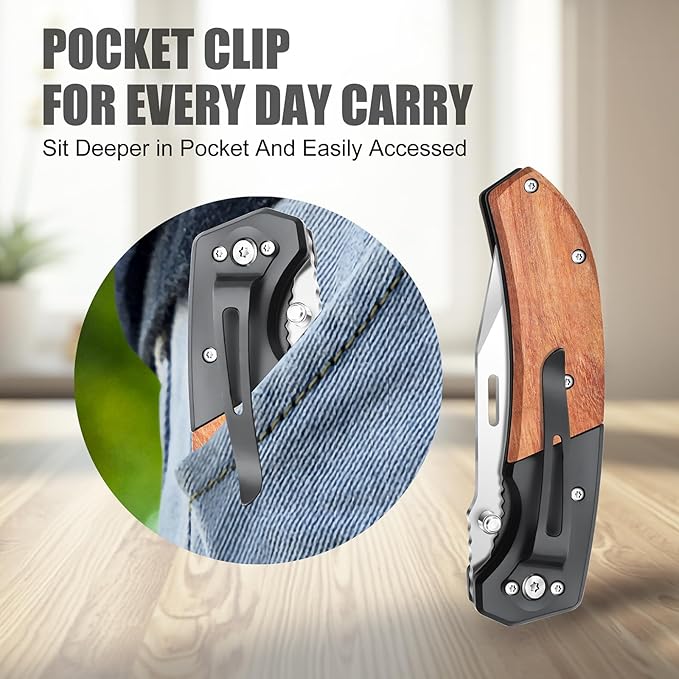 Vickay Pocket Knife Folding Knife with Clip - 3.54″ Tanto Serrated Blade Wood Handle EDC Knife for Men &amp Women Outdoor Camping Tactical Hiking Survival - Father’s Day Gift (Satin Silver)
