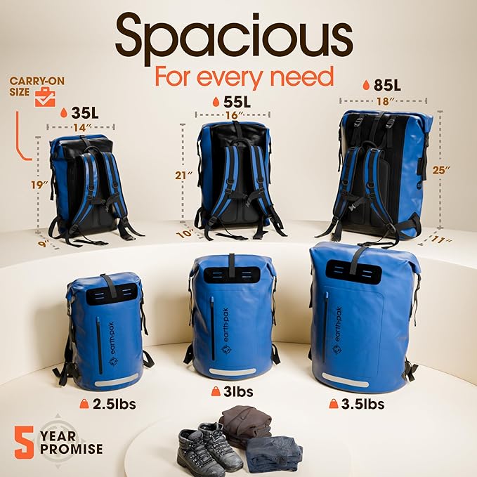 Earth Pak Waterproof Backpack - Heavy Duty Roll-Top Closure with Easy Access Front-Zippered Pocket and Cushioned Padded Back Panel for Comfort with IPX8 Waterproof Phone Case