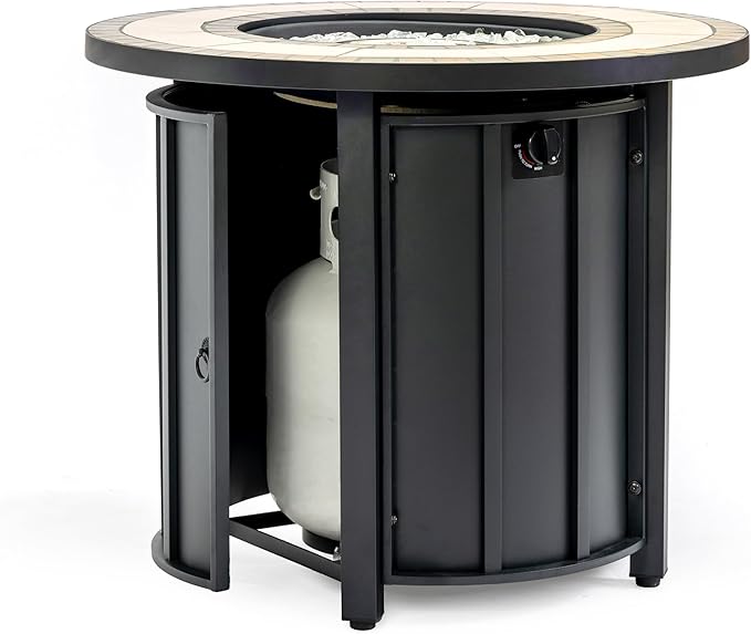 30'' Marble Ceramic Round Propane Fire Pit Table 50000 BTU Gas FirePit for Outdoor Fire Table with Lid Warmth &amp Ambience to Gatherings and Parties On Patio Deck Garden Backyard Black.