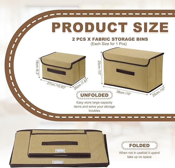 uxcell 2Pcs Storage Bin with Lid Fabric Foldable Box Decorative Storage Boxes with Lids for Keepsake Shelf Closet Nursery Home Bedroom(Beige Yellow S &amp L Size)