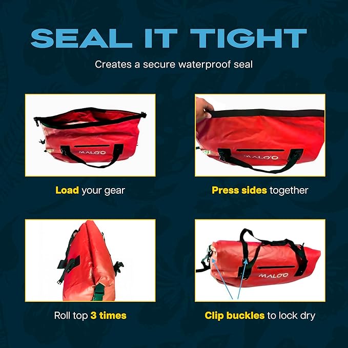Malo’o Waterproof Dry Duffel Heavy-Duty Roll Top Waterproof Gear Bag with Shoulder Strap &amp Molle Loops Marine Duffel for Kayaking Boating Camping Beach &amp Travel Red 100L