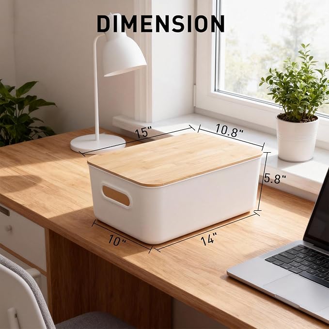 Citylife Storage Bins with Bamboo Lids 16QT Plastic Storage Containers Stackable Organizer Boxes with Handle for Desk Snacks Toys 2 PCS 15 L x 10.6 W x5.8 H