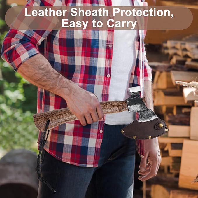 Wood Splitting Axe with Leather SheathCamping Hatchet with 10.74 Solid HandleBushcraft Axe with Hammering for GardeningChopping Felling SurvivalCarving