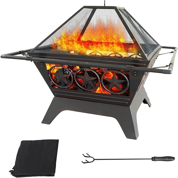 33-Inch Square Fire Pit Large Metal Fireplace/Firepit with Mesh Lid Poker Waterproof Cover
