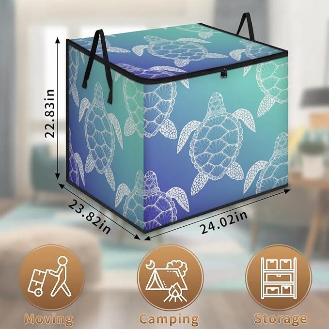 Large Sea Turtles Storage Bags with Lid XL Blanket Clothes Storage Bins Foldable Organizers Storage Containers with Handle for Comforters Bed Sheets Pillows Sea Animal Turtle