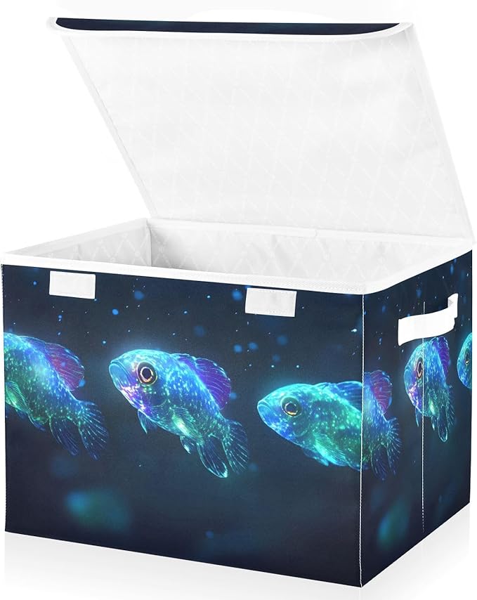 Storage Cube with Lid Glowing Fishes Print 16.5×12.6×11.8 IN Collapsible Large Capacity Foldable Storage Basket Bin Organizer
