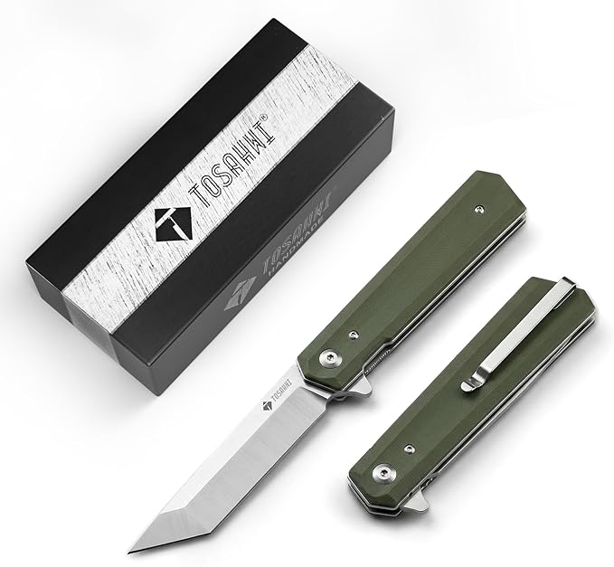 Pocket Folder Folding Knife: 3.54 5CR15Mov Steel Grey titanized Satin Blade G10 Scales Flipper Liner Lock EDC Reversible Deep Clip -Green