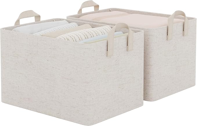 StorageWorks Storage Bins Shelves Baskets for Organizing Large Fabric Closet Organizers with Handles Metal Frame Beige-Cotton-linen 2-Pack