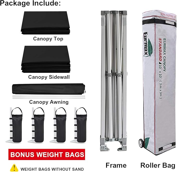 Eurmax USA 10x10 Pop Up CanopyCommercial Tent with Patented No-Tip Rolling Bag24sqft Extension Awning &amp 4 Zippered Removable WallsUV &amp Water ResistantHeavy Duty Instant Shelter GazeboBlac