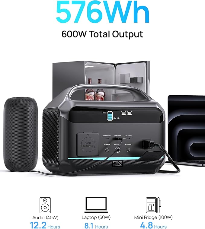 Daran 600W Solar Generator (Peak 1200W) with 100W Solar Panel576Wh Portable Power Station LiFePO4 Battery with DC/AC/USB-C PD Output1 Hr Fast Charge for Camping Home Outdoor RV and Emergency