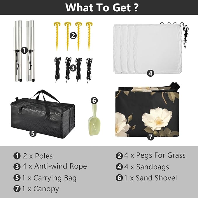 White Rose Beach Tent UPF50+ Protection Lightweight Large Portable Sun Shelter with Sturdy Poles Sandbags and Shovel for Camping Picnics Backyard