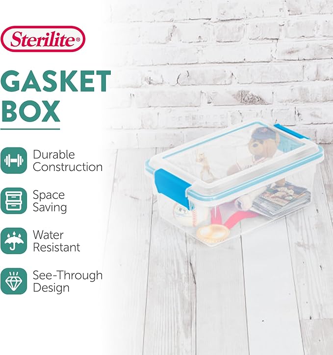 Sterilite 18-Pack Gasket Box Weather-Resistant Storage Bins with Latching Lids 7.5 Quart - Heavy-Duty Organizing Containers for Closet Bathroom and Office