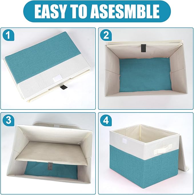 Bagnizer Large 22 Quart Linen Fabric Foldable Storage Bin Cube Organizer Basket with Flip-Top Lid &amp Handles Clothes Blanket Box for Home Office Closet Teal &amp White 4 Pack 14.6 x 9.5 x 9.5