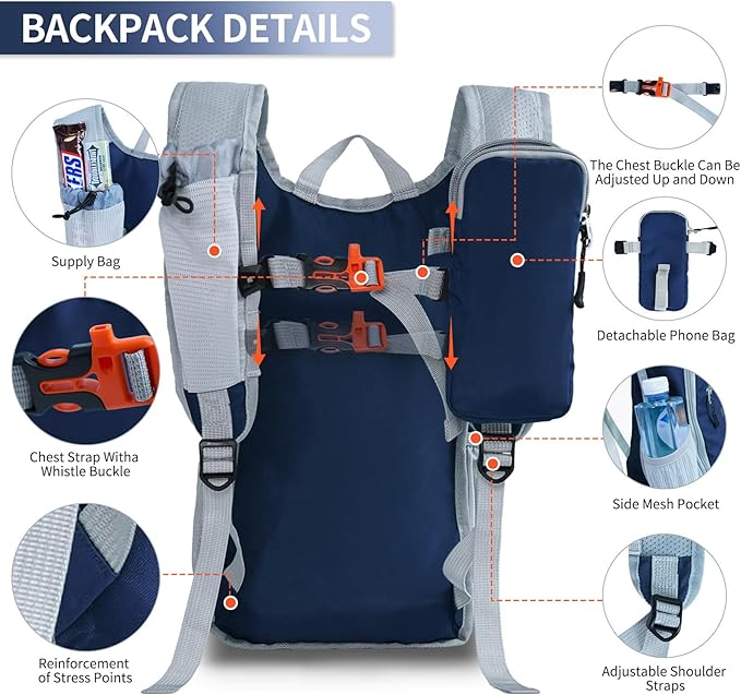 Hiking Backpack 10L/15L Small Daypack Lightweight Packable Travel Foldable Water Resistan for Women Men (Navy Blue 10L)