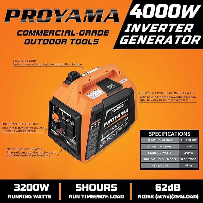 PROYAMA 4000W Portable Gas Inverter Generator CO Sensor Digital Interface RV - Ready LED Light ECO - Mode Parallel Capable Low Oil Shutoff Super Quiet and Lightweight with Weatherproof Cover