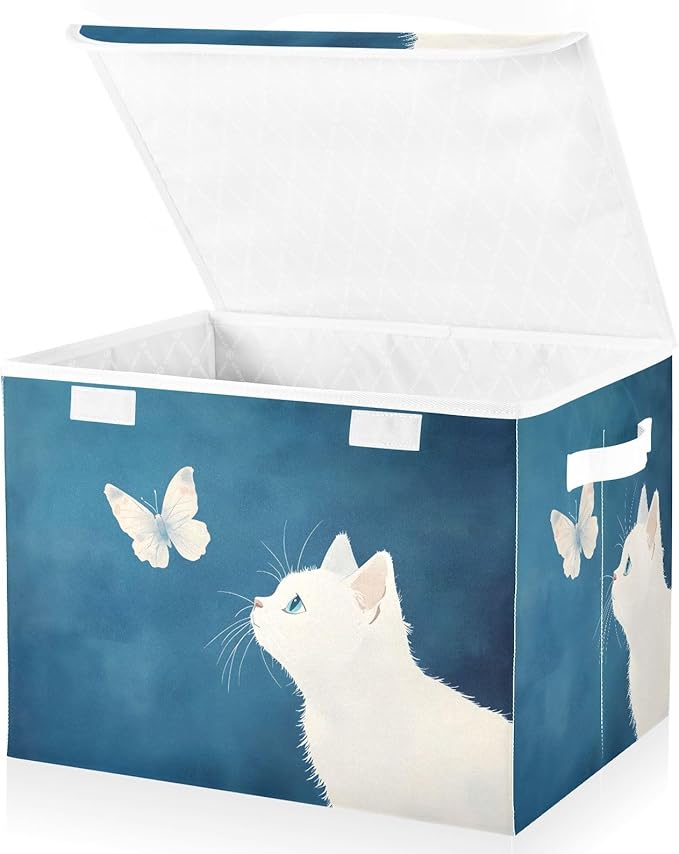 White Cat Butterfly Storage Cube Bins Basket with Lid Collapsible Flip-top Fabric with Handle for Home Bedroom Closet Office 16.5×12.6×11.8 in