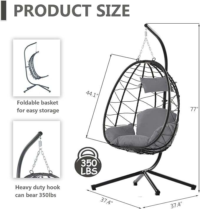 Hanging Egg Chair with Stand Black Wicker Rattan Swing Egg Chair Indoor Outdoor Swing Chair for Patio Balcony Porch Bedroom 350 LBS Capacity (Dark Gray)
