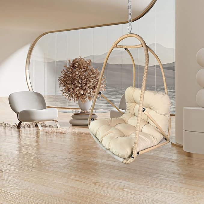 Without Stand Swing Egg Chair Indoor Outdoor Wicker Rattan Patio Basket Hanging Chair with C Type Bracket with Cushion and PillowPatio Wicker Folding Hanging Chair(Special Construction Cup Holder