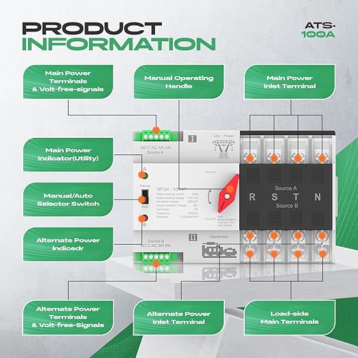 Automatic Transfer Switch 100A AC110V Dual Power ATS 4P Automatic/Manual Transfer Switch din Rail mounting for Home Generator RVPublic/Backup Power Supply