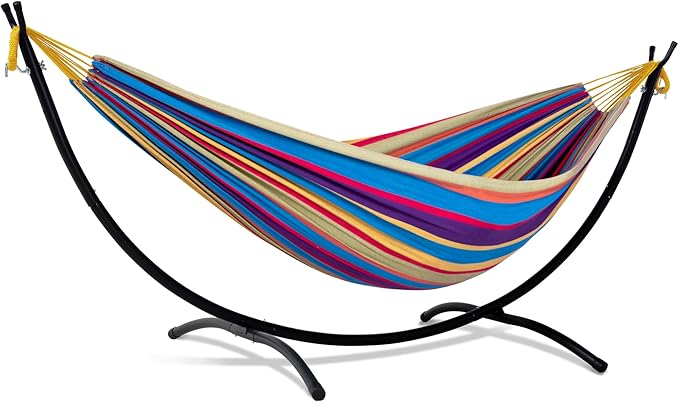 SUNCREAT Portable Large Hammock with Stand Two Person Hammock with Stand Included Rainbow Stripes