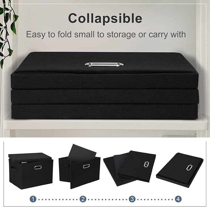Graciadeco Large 17 36 Quart Collapsible Stackable Storage Bins with Lids 3 Packs Black Linen Fabric Closet Boxes with Lids Storage Cube Baskets Container Organizers for Bedroom Office(17 x12 x11)