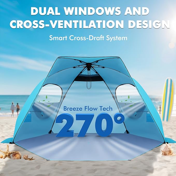 Elegear CumbreX™ Beach Tent with Canopy 4-6 Person 1-Second Umbrella-Style Setup Pop Up Sun Shelter Shade UPF 50+ UV Protection Four-Layer Silver-Coated Lightweight Portable Beach Cabana - Aqua Blue