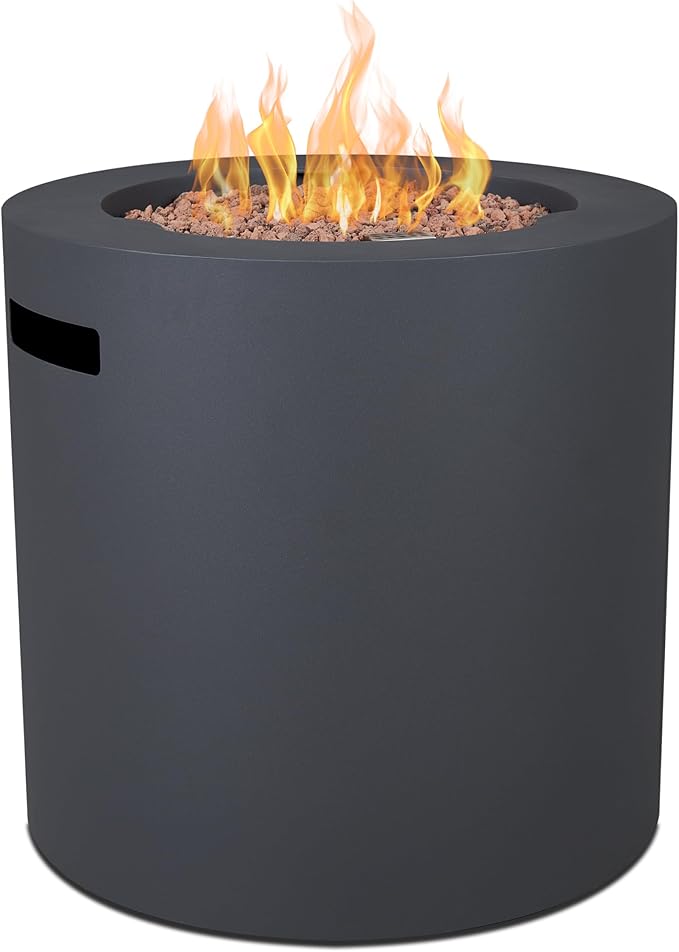 Real Flame Aegean 24 Round Propane Gas Fire Pit Table with Hidden Tank 50000 BTU Powder-Coated Steel Push-Button Ignition Lava Rock Storage Cover Stainless Steel Burner with Lid - Wthrd Slate