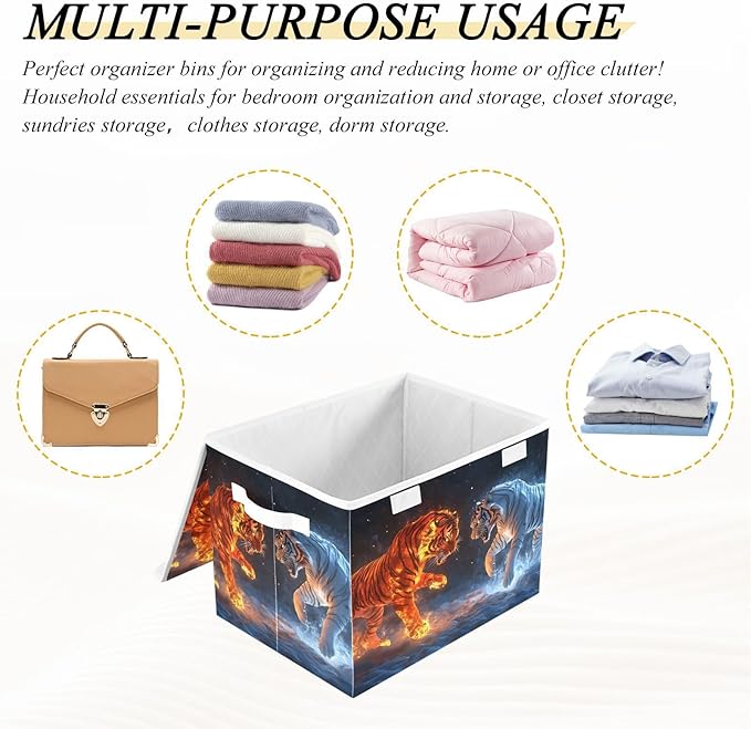 Storage Cube with Lid Animal Ice Fire Print 16.5×12.6×11.8 IN Collapsible Large Capacity Foldable Storage Basket Bin Organizer