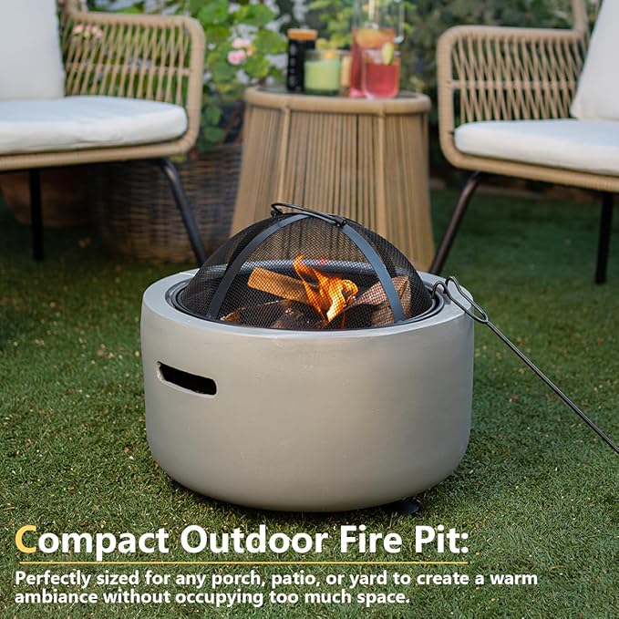 Barton 18 Round Concrete Charcoal Wood Burning Fire Pit Magnesium Oxide Spark Screen Fireplace Poker Grate BBQ Grill Firepit Charcoal Grill