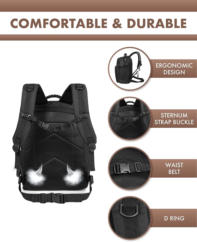 TRAILKICKER Military Tactical Backpack 40L for Men Hiking Camping Molle EDC Daypack Army Assault Pack Lightweight Work Backpack with Water Bladder Compartment Black